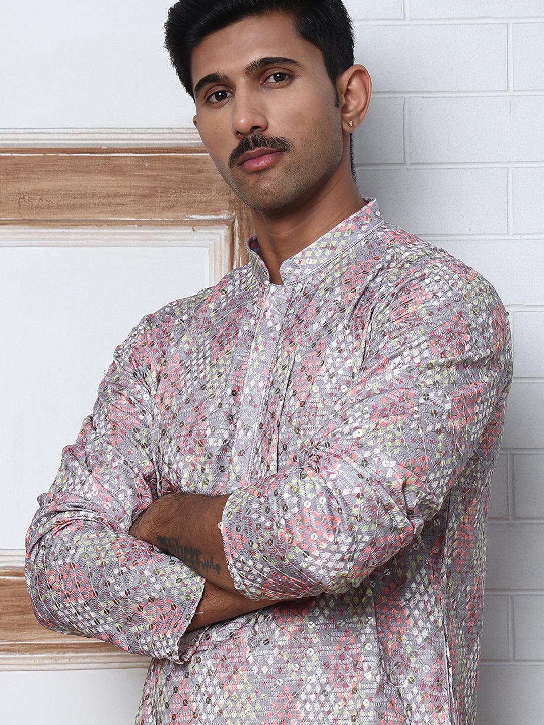 Men's Festive Sequins & Thread Work Kurtas ( ANMKO 288Grey )  [RT] [C-3]