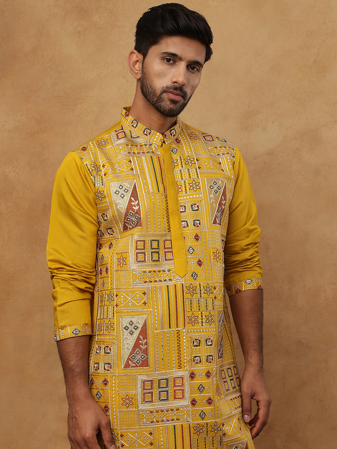 Men Festive Silk Blend Embroidered Kurta ( HOPKO 002Mustard )  [RT] [O-1]