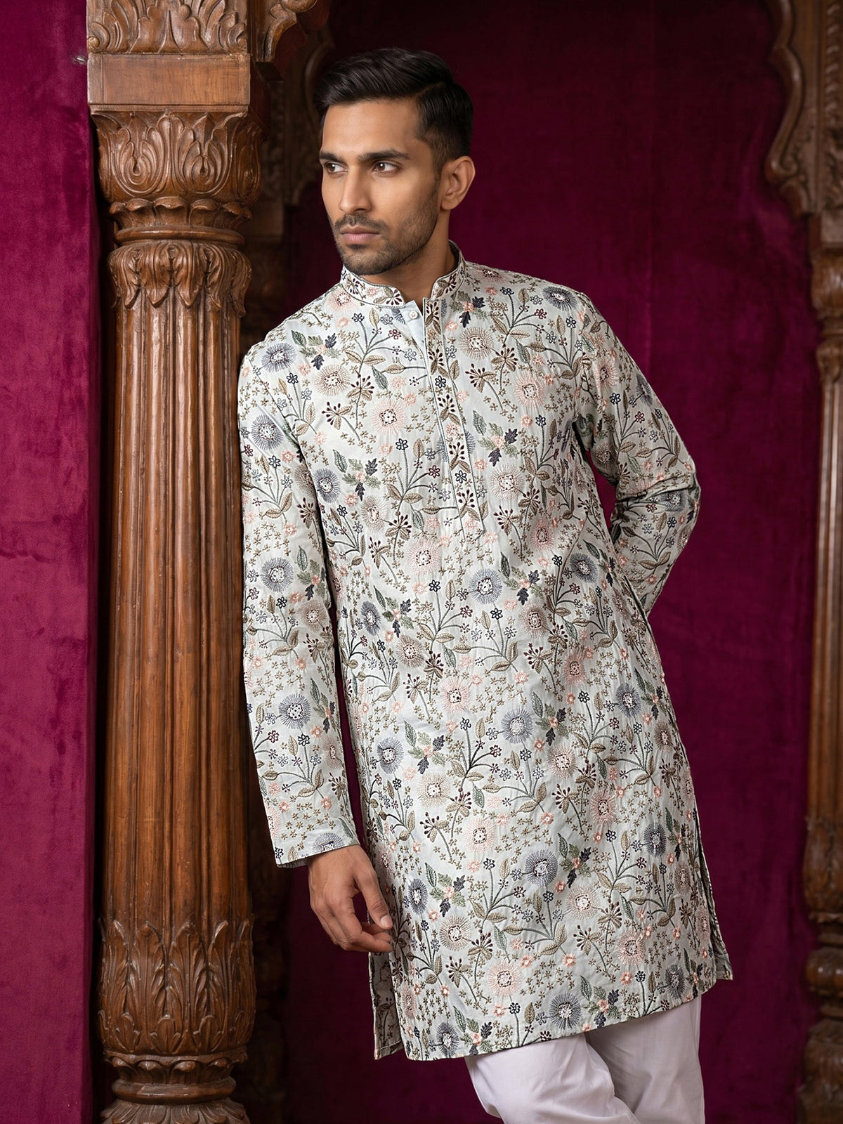 Silk Blend Floral Embroidered Kurta ( KO 5227White )