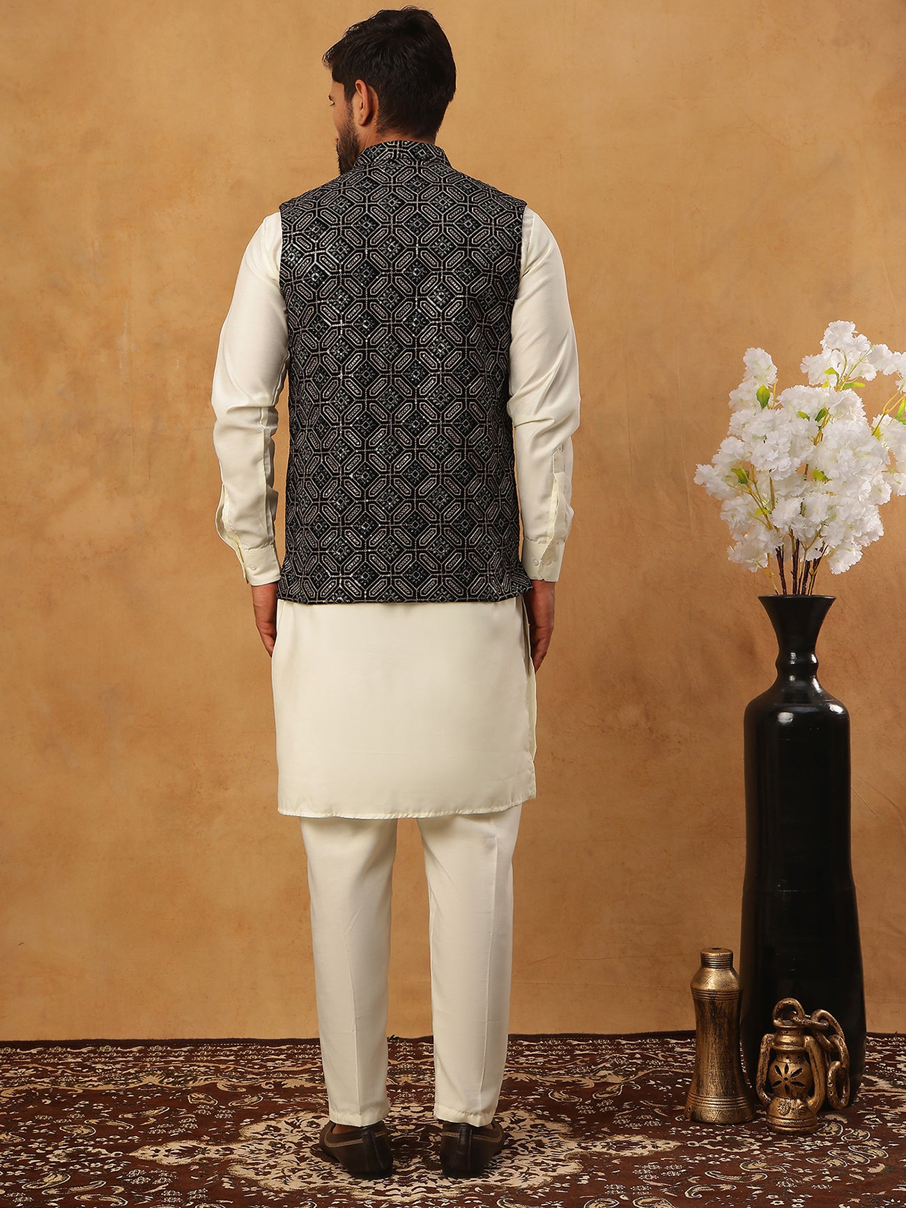 Velvet Embroidered Nehru Jacket Kurta Pyjama Set ( HOPKPWC_592W_7029Black )