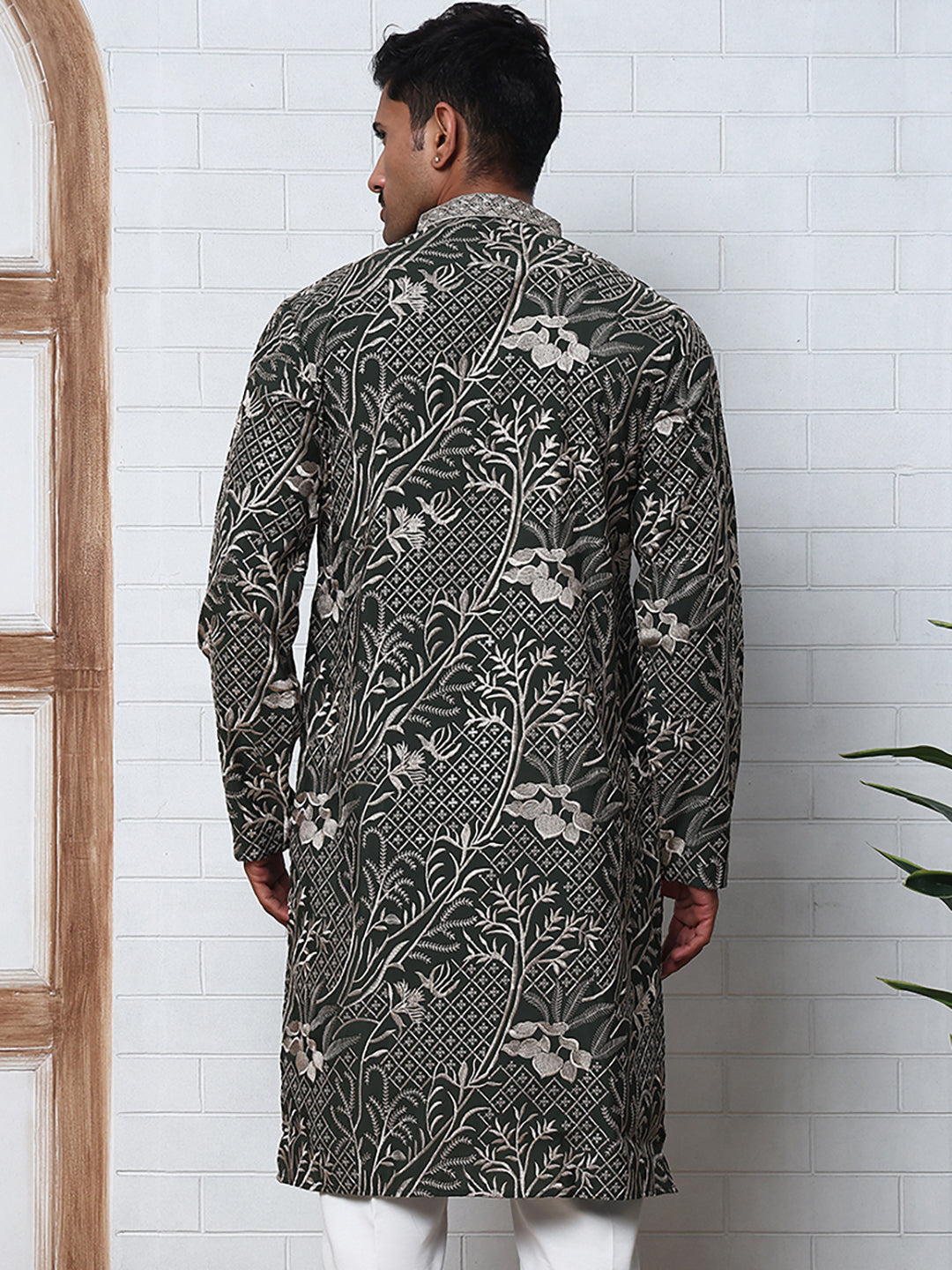 Embroidered Silk-Blend Kurtas ( ANMKO 289Olive )  [RT] [H-5]