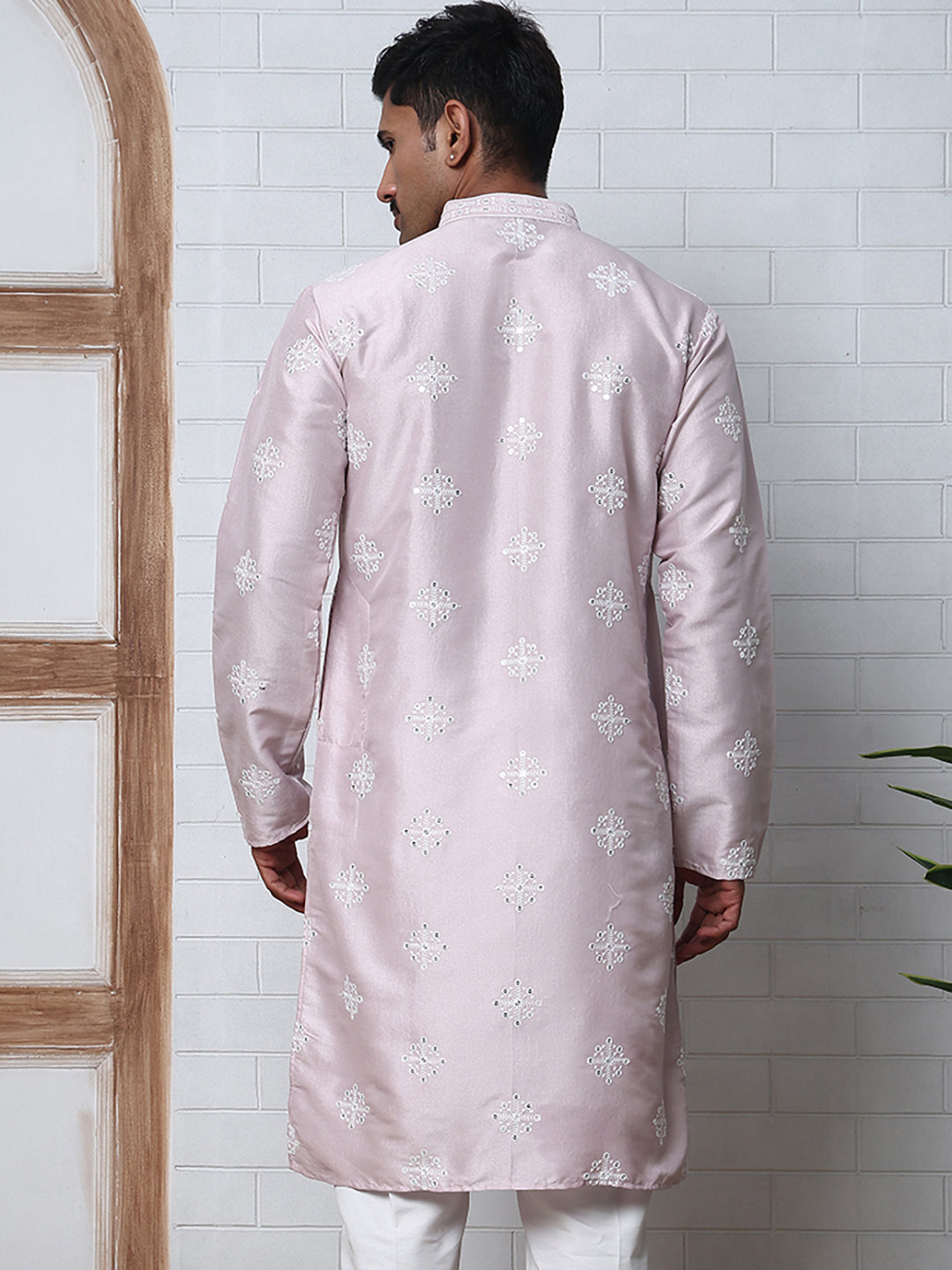Men's Silk Blend Mirror & Thread Work Kurtas ( ANMKO 287Lavender )  [RT] [D-4]