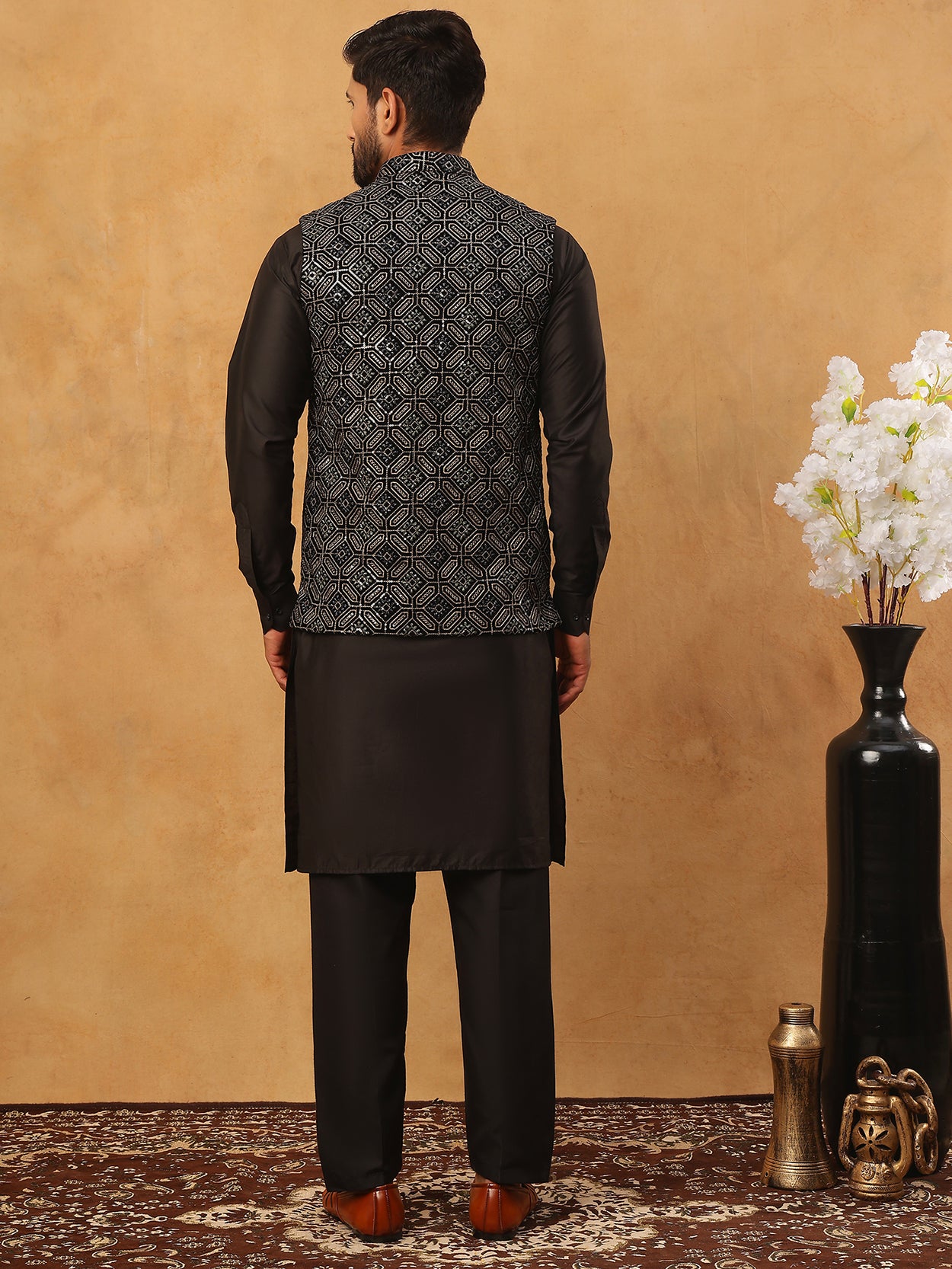 Velvet Embroidered Nehru Jacket Kurta Pyjama Set ( HOPKPWC_592B_7029Black )