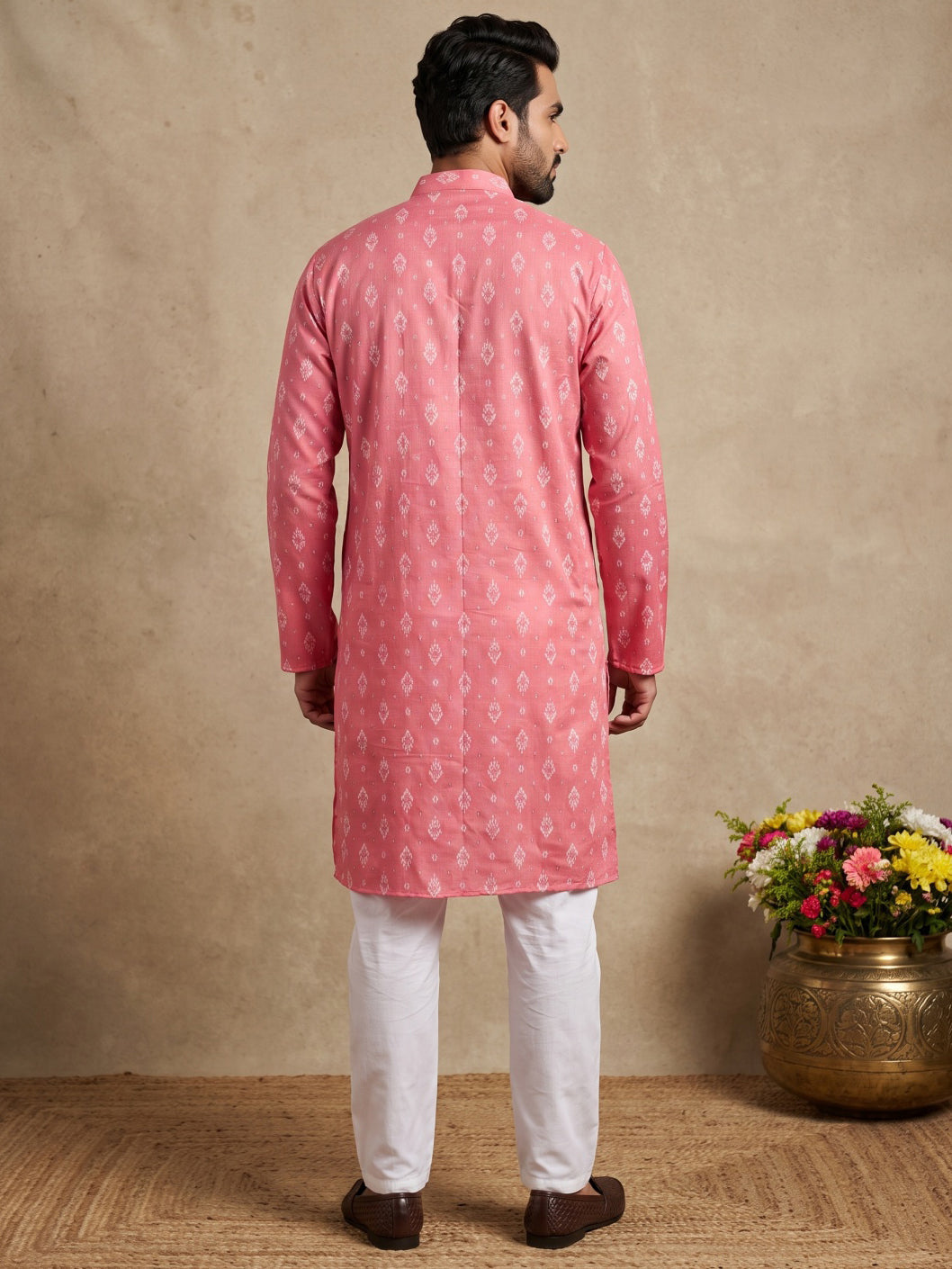 Men's Foil Print Traditional Kurta Pyjama ( 65KP W F 5630 Coral )
