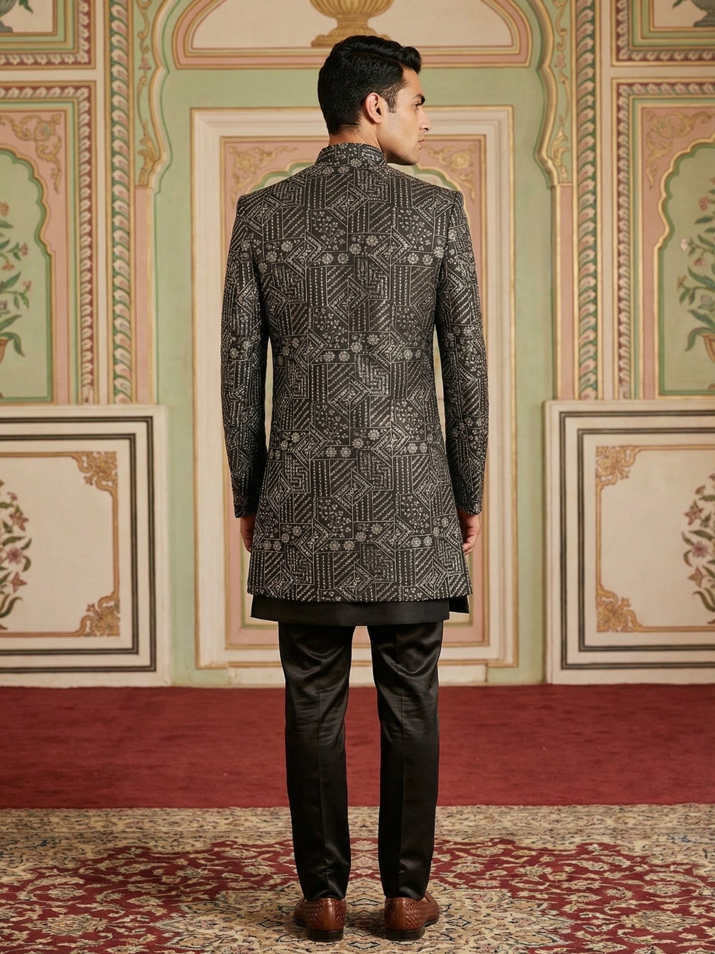 Men Black Embroidered Indo-Western Set ( 50JIND 124Black S )