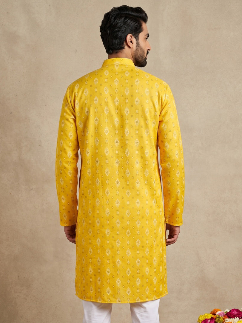 Men's Foil Print Traditional Kurta ( 65KO 5630 Yellow )