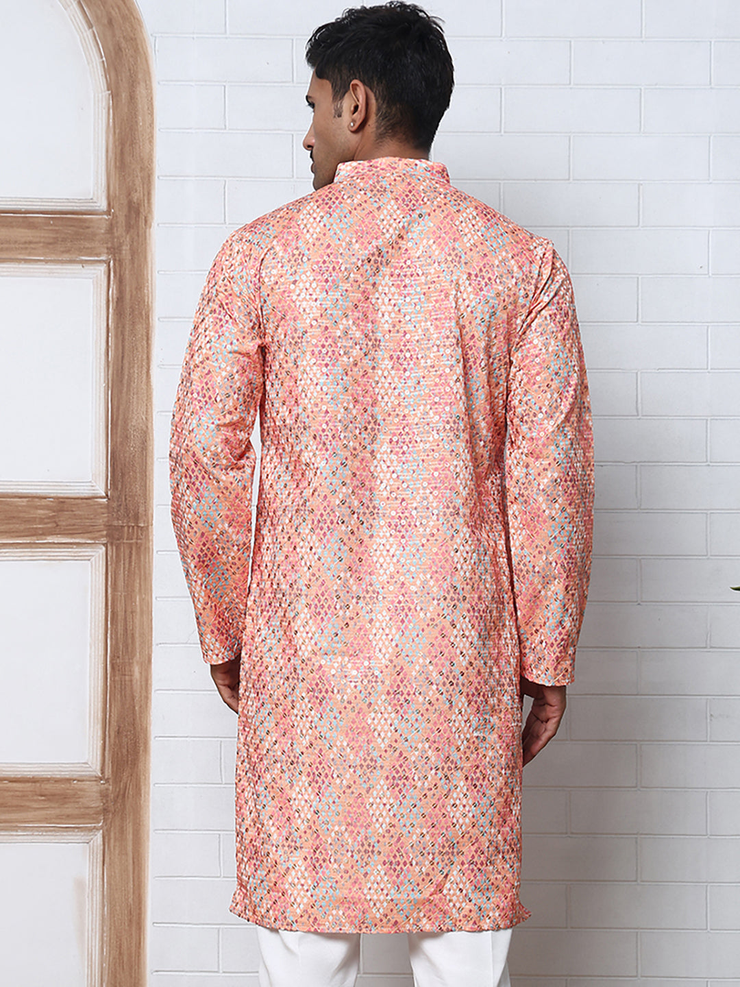 Men's Festive Sequins & Thread Work Kurtas ( ANMKO 288Peach )  [RT] [C-3]