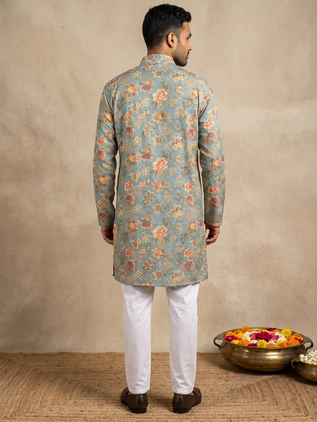Floral Print & Thread Work Kurta Pyjama Set ( 65KP W P 5631 Blue )