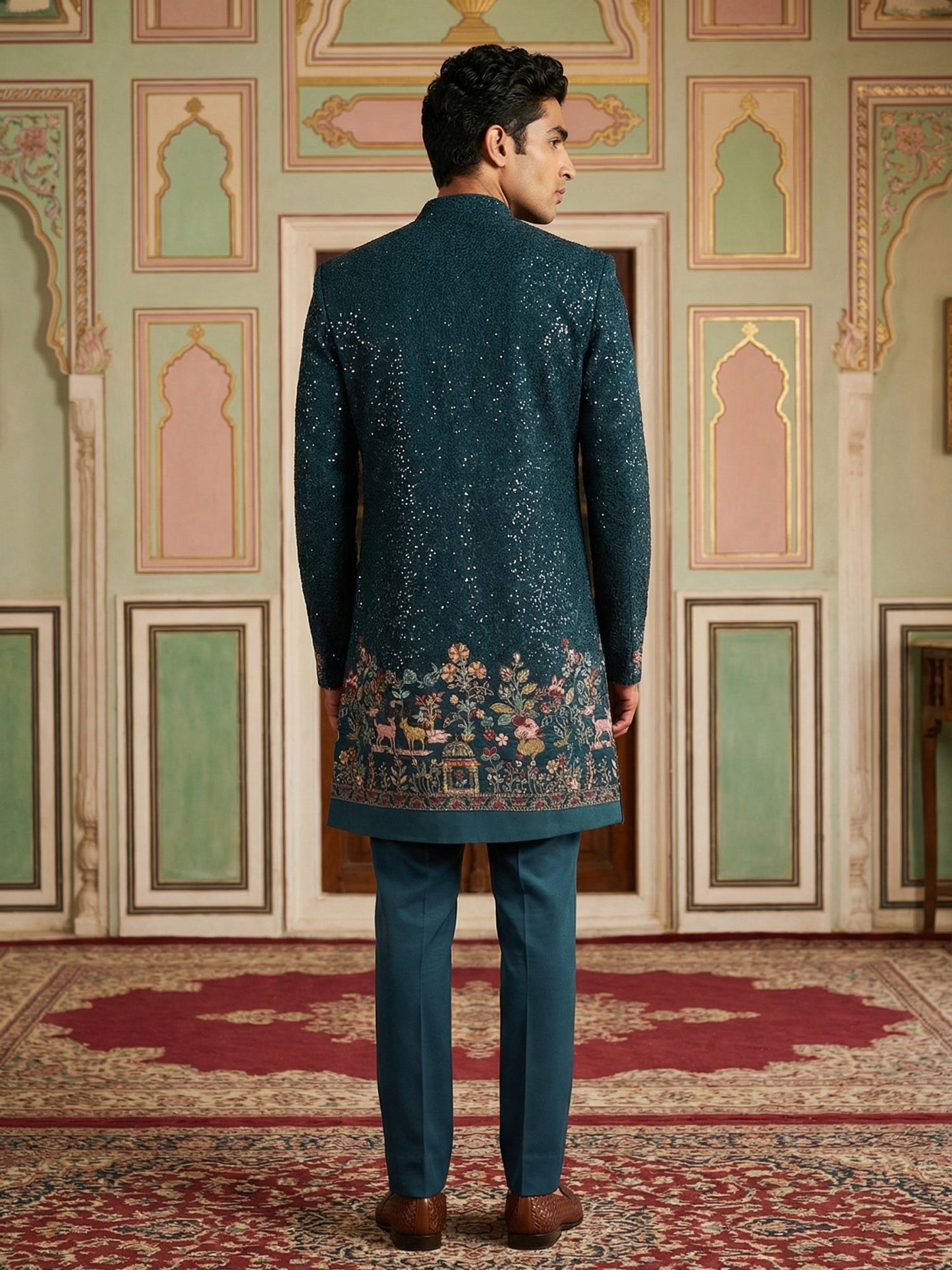 Men’s Peacock Blue Heavily Embroidered Indo-Western Set ( 50JIND 127Peacock S )