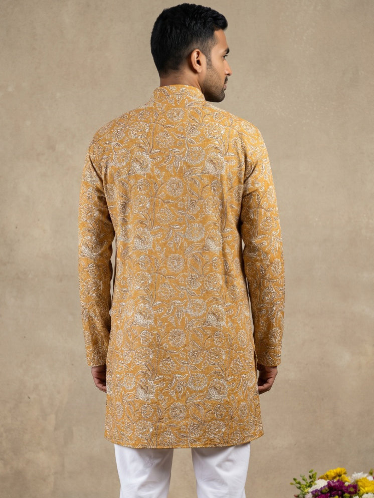 Floral Print & Thread Work Kurta Pyjama Set ( 65KP W P 5640 Mustard )