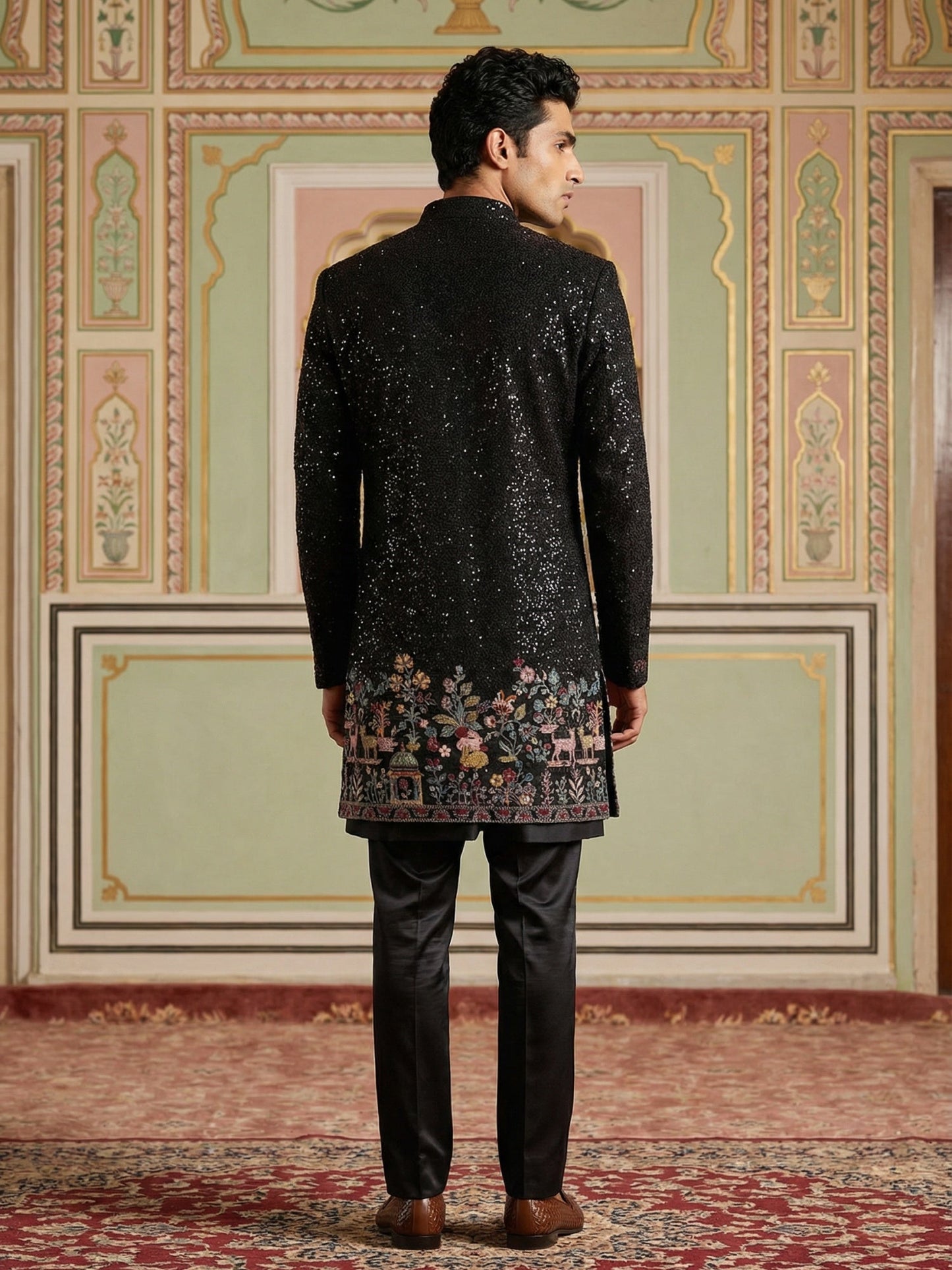 Men’s Black Heavily Embroidered Indo-Western Set ( 50JIND 127Black S )