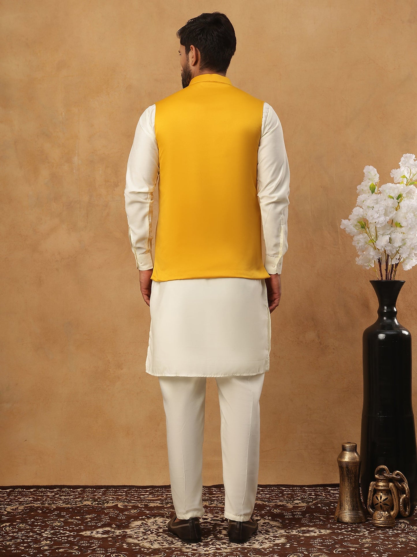 Embroidered Nehru Jacket Set with Solid Kurta Pyjama (65KPWC 592W 4150 Mustard )
