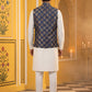 Men's Navy Blue Printed Nehru Jacket With Solid Kurta Pyjama ( JOKPWC 592W 4032Navy )