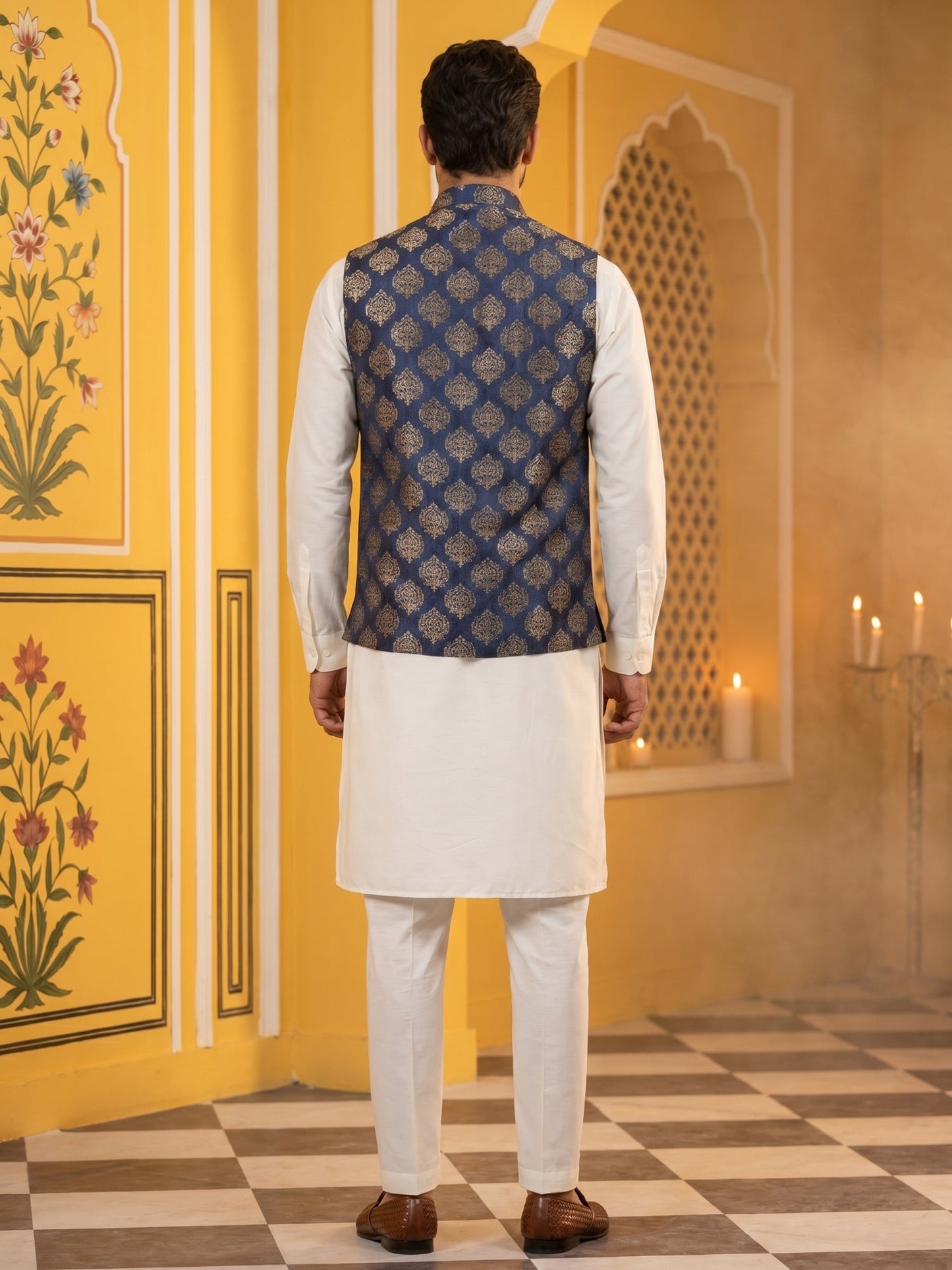 Men's Navy Blue Printed Nehru Jacket With Solid Kurta Pyjama ( JOKPWC 592W 4032Navy )