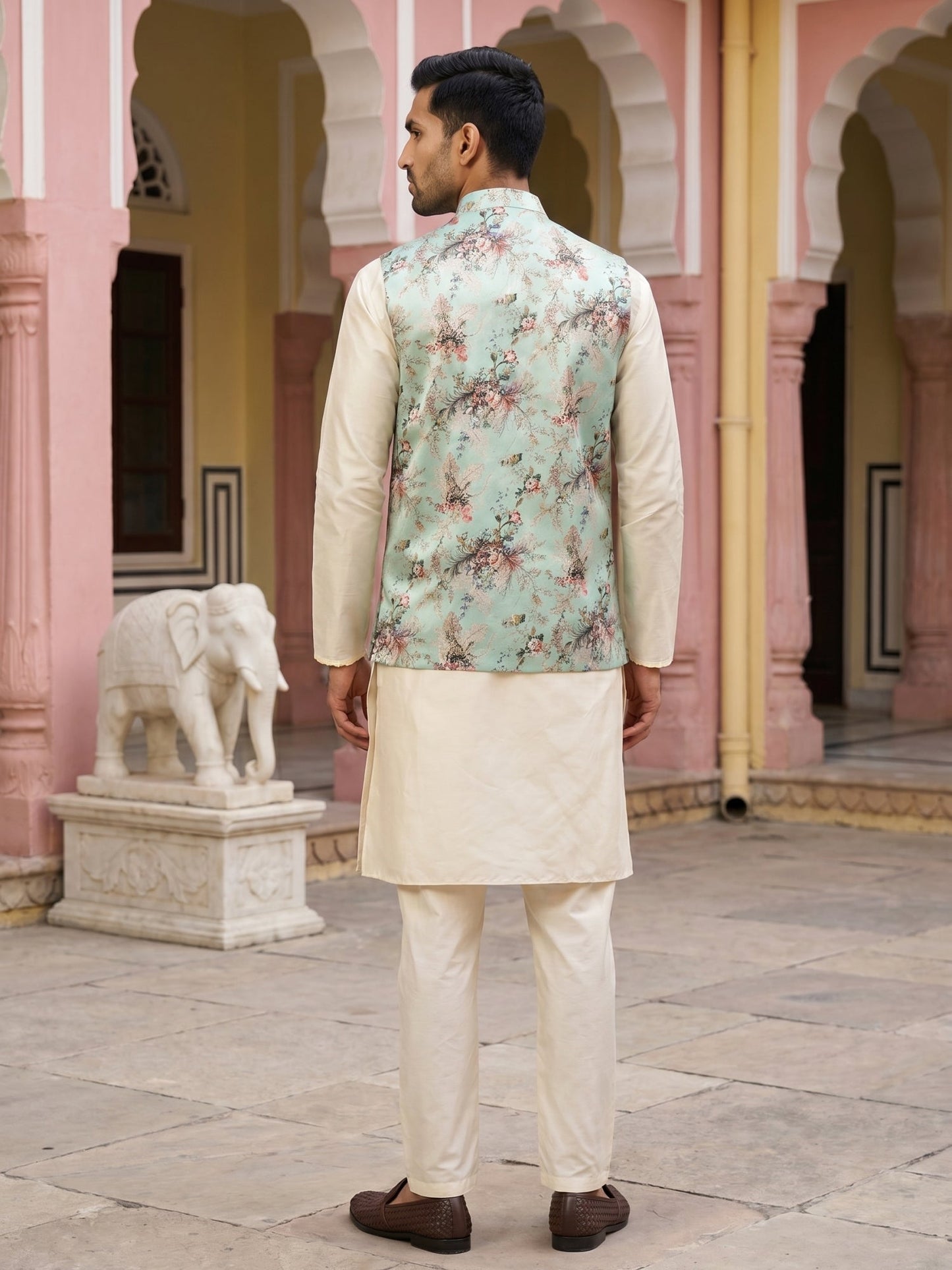 Men's Silk Blend Kurta Set with Printed Nehru Jacket ( JOKPWC 636W 4007Lime )