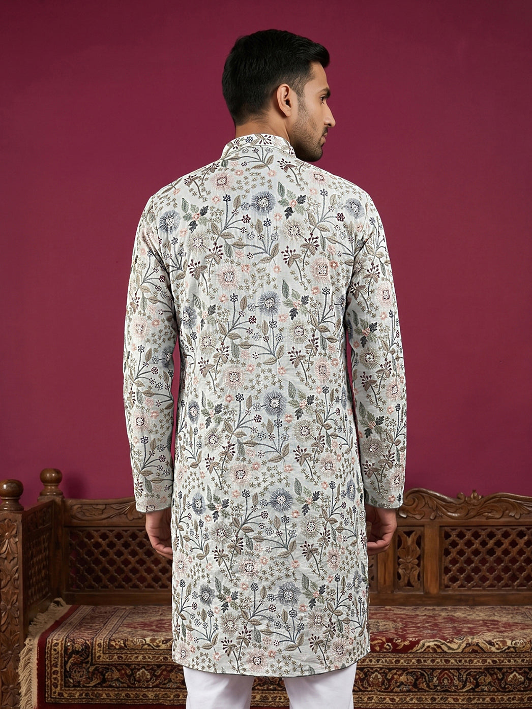 Silk Blend Floral Embroidered Kurta ( KO 5227White )