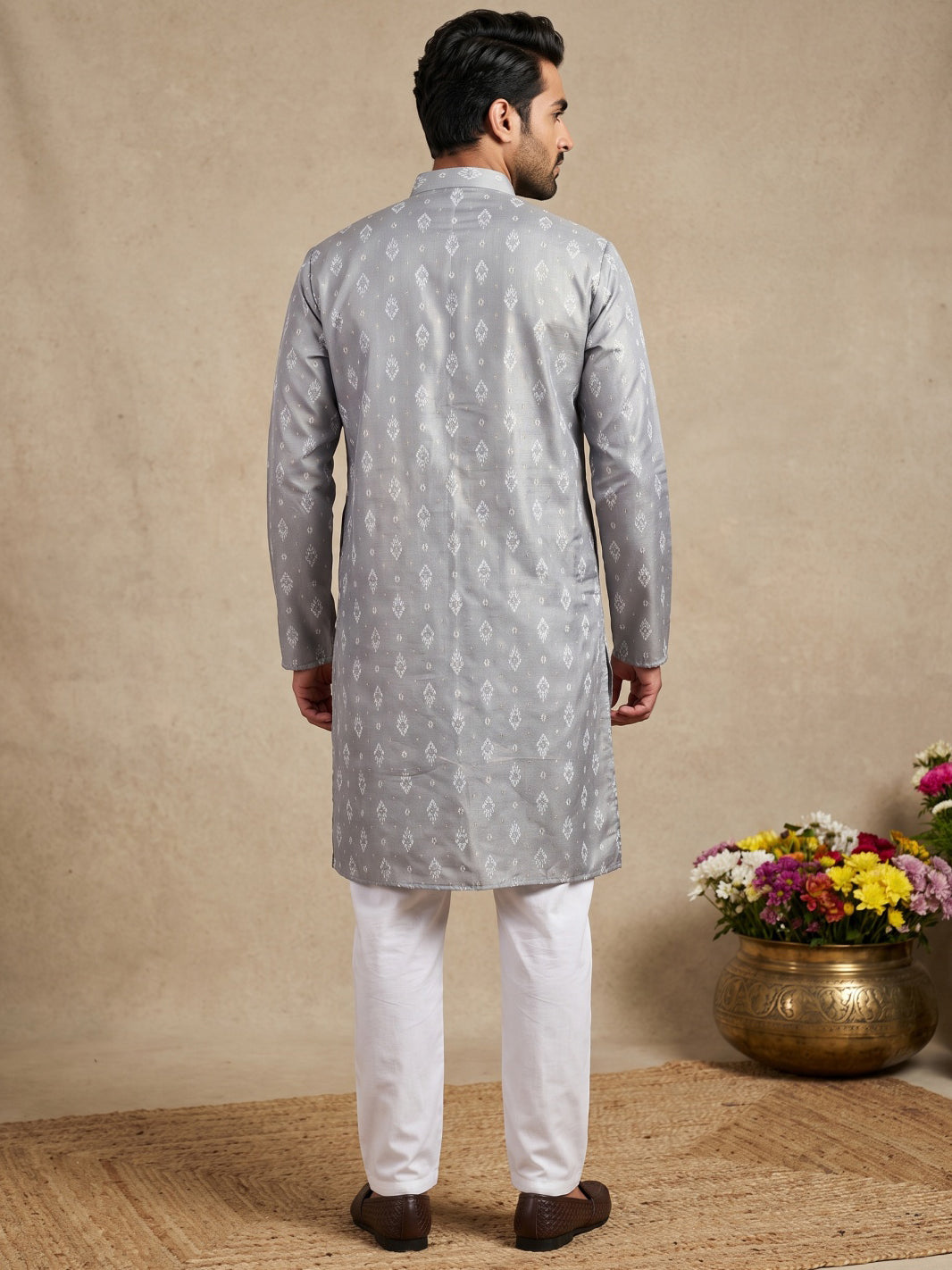 Men's Foil Print Traditional Kurta Pyjama ( 65KP W F 5630 Grey )