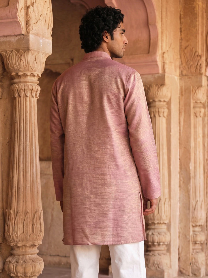 Silk Blend Embroidered Kurta for Men ( 65KO 5632 Peach )