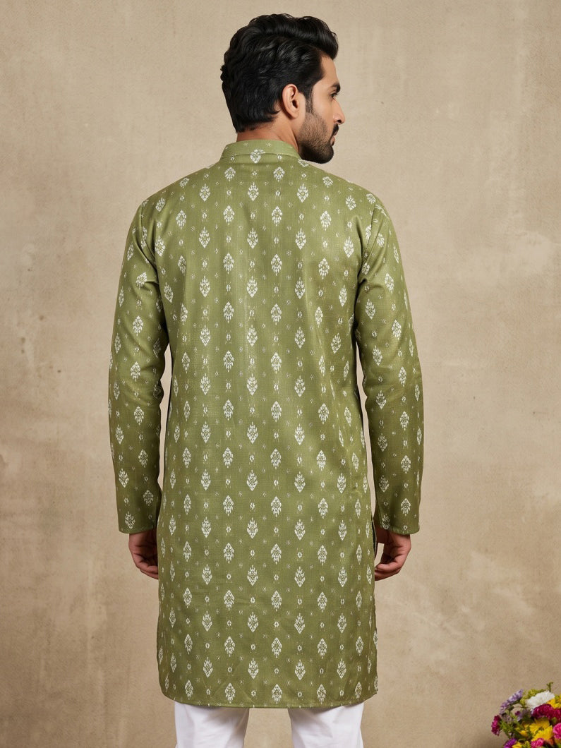 Men's Foil Print Traditional Kurta ( 65KO 5630 Olive )