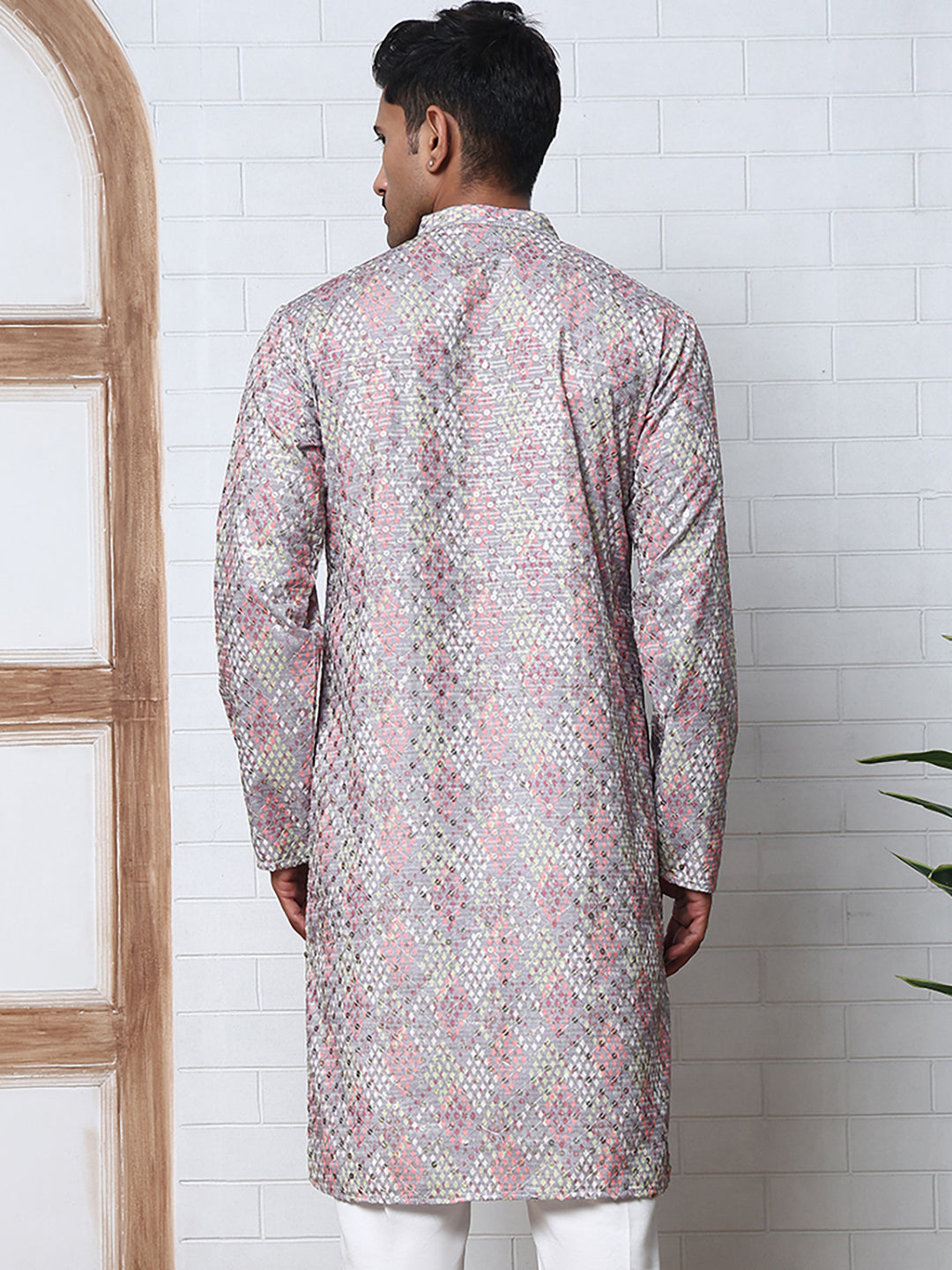Men's Festive Sequins & Thread Work Kurtas ( ANMKO 288Grey )  [RT] [C-3]