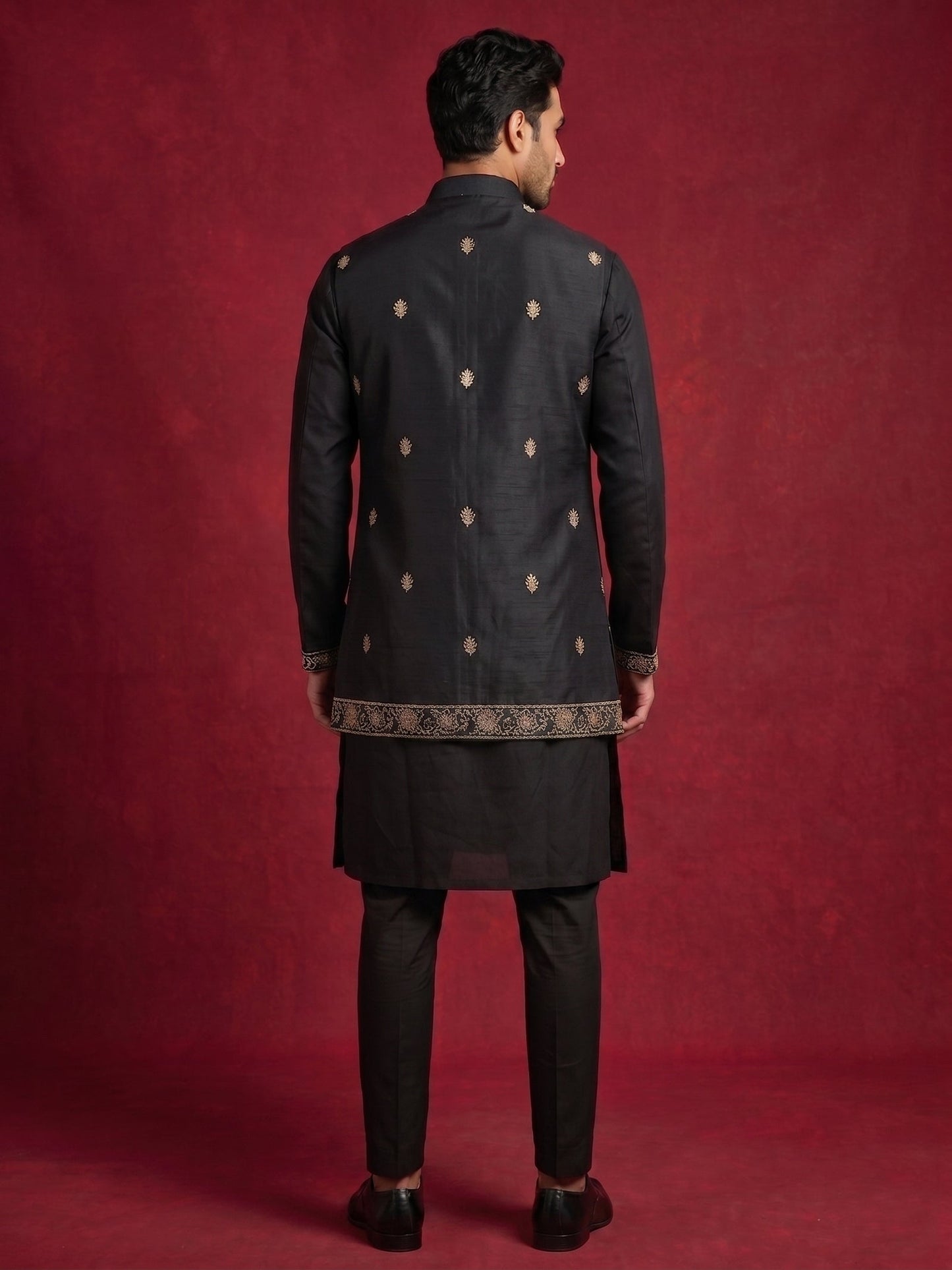 Men's Embroidered Waistcoat and Kurta Pyjama ( JOKPWCS 5080Black )