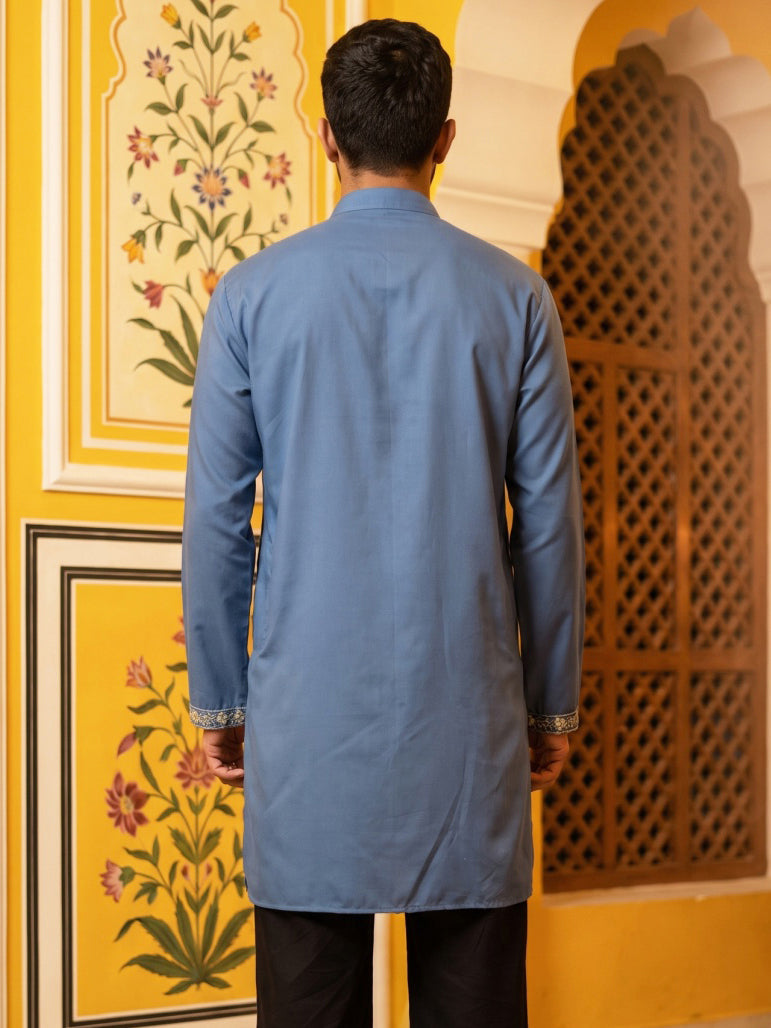 Cotton Blend Embroidered Kurta for Men ( 65KO 5634 Blue )