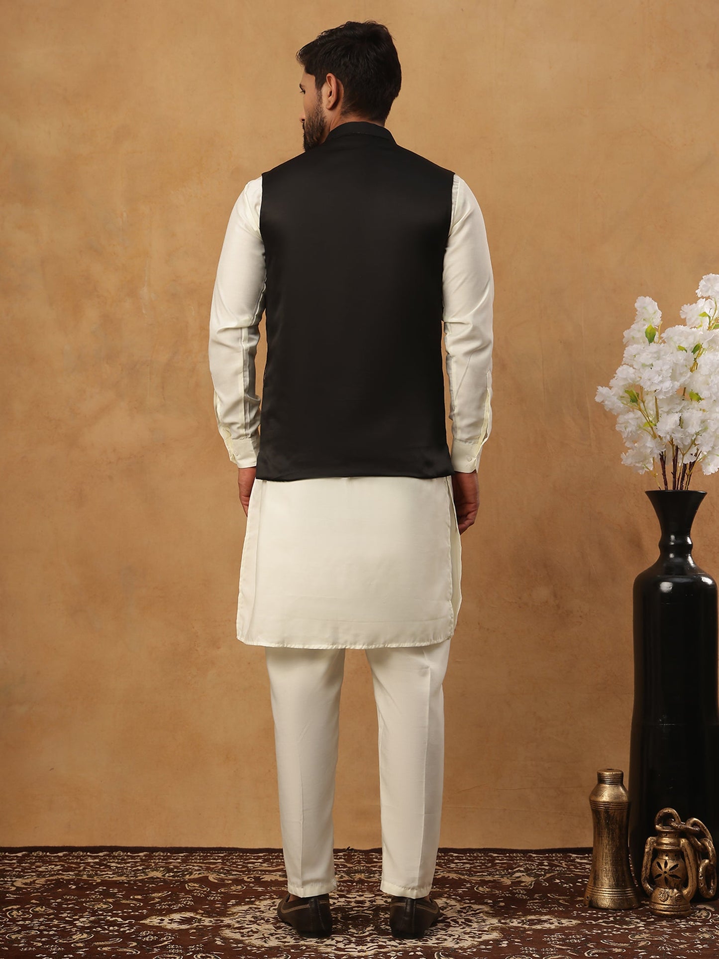 Embroidered Nehru Jacket Set with Solid Kurta Pyjama (65KPWC 592W 4150 Black )