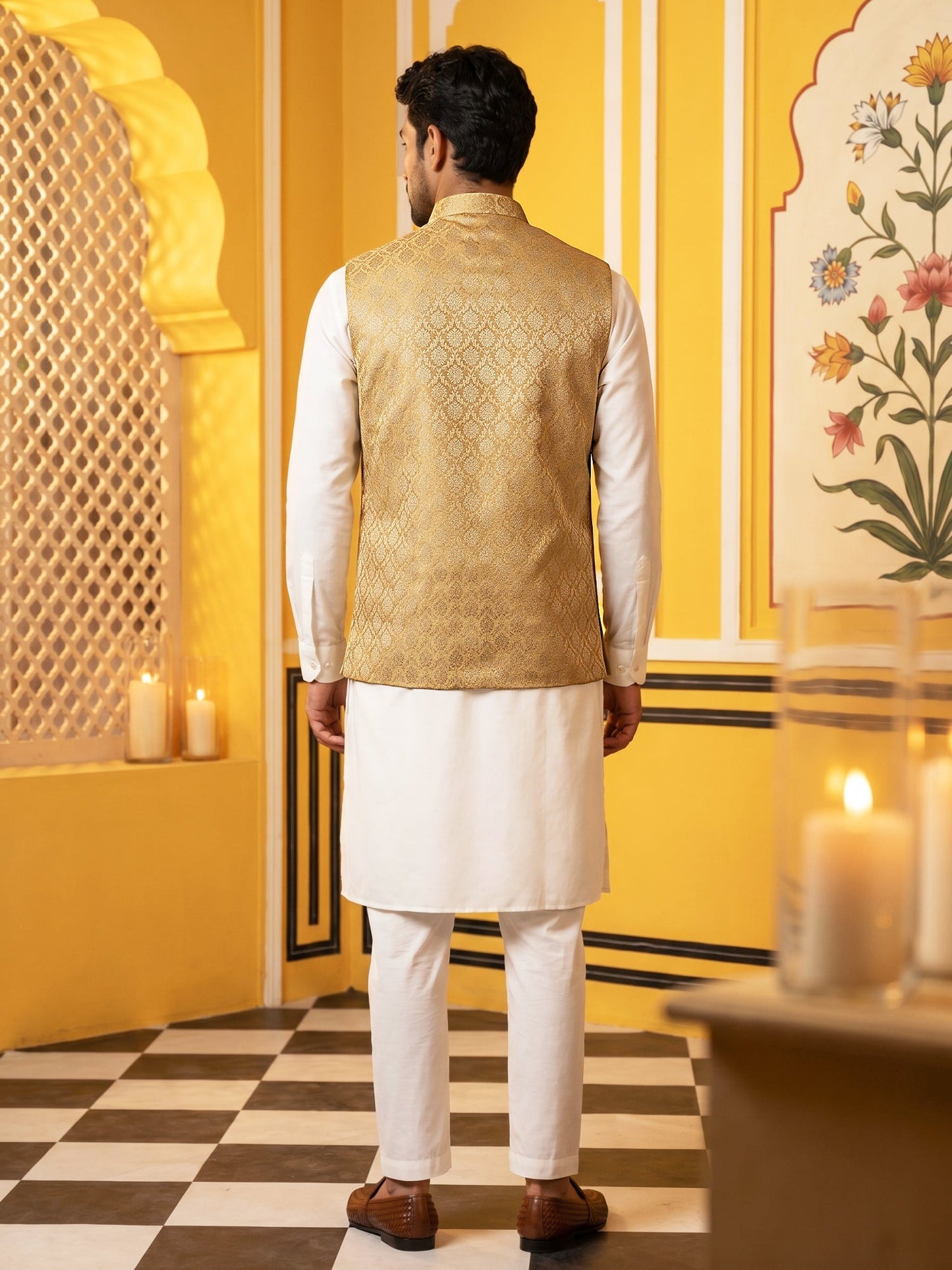 Woven Design Nehru Jacket With Solid Kurta Pyjama for Men ( JOKPWC 636W 4005Golden )