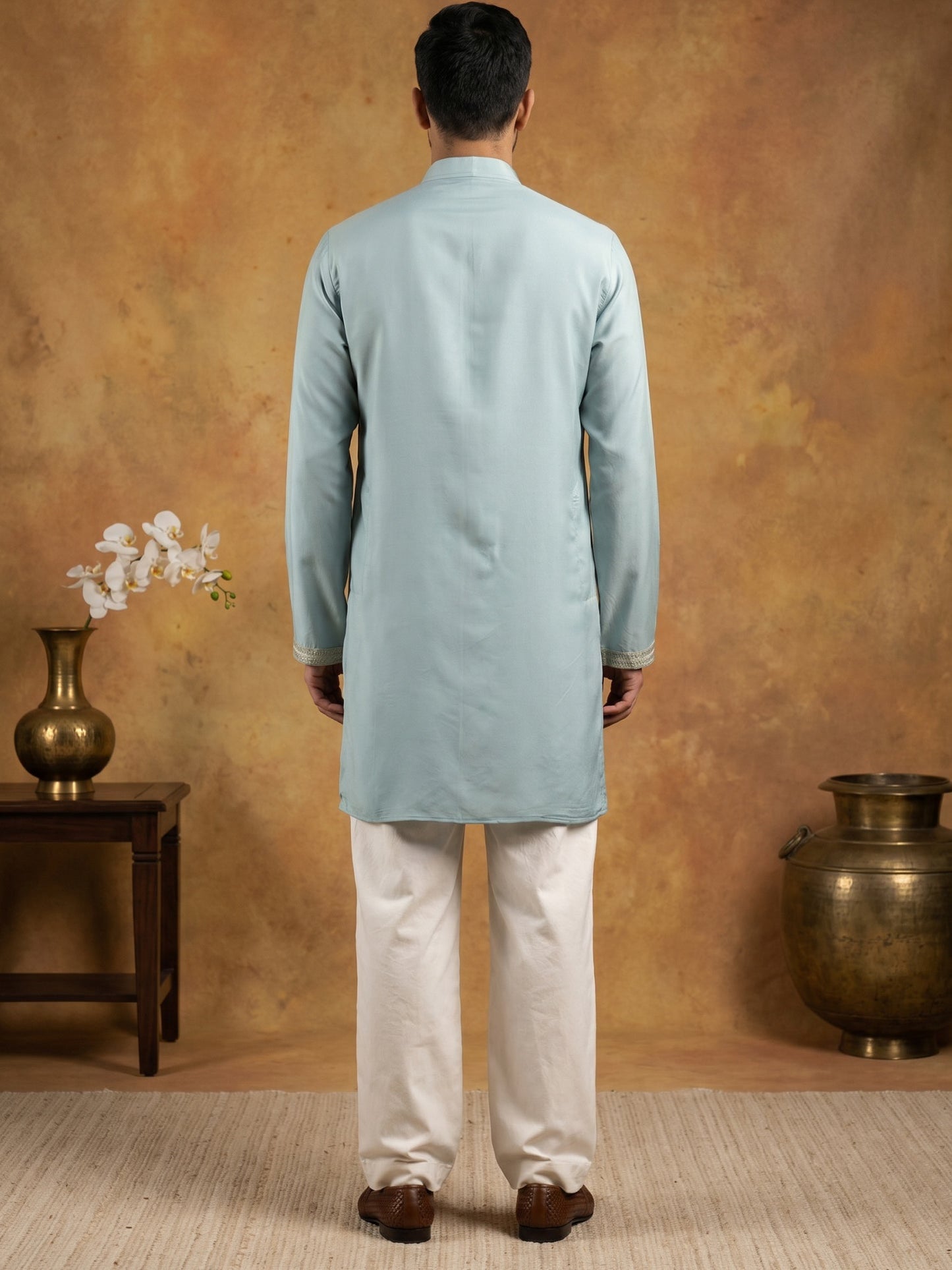 Silk Blend Embroidered Kurta & Korean Pants Set ( 65KP PJ11W 5602Sky ) [FF] [G-4]