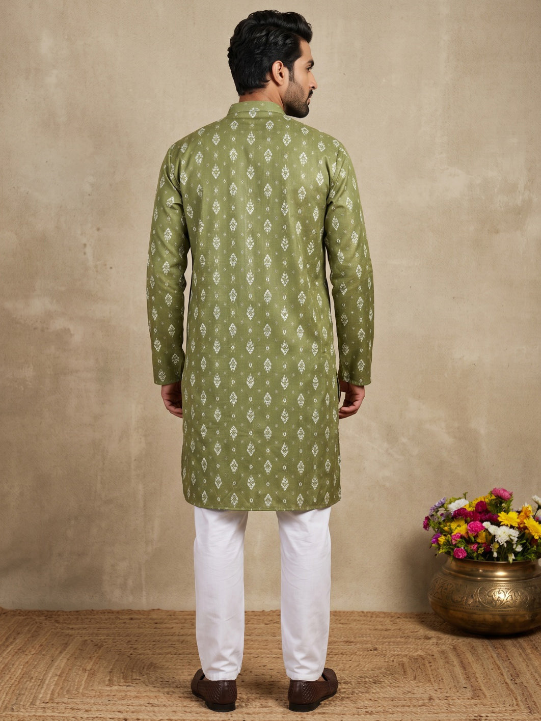 Men's Foil Print Traditional Kurta Pyjama ( 65KP W F 5630 Olive )