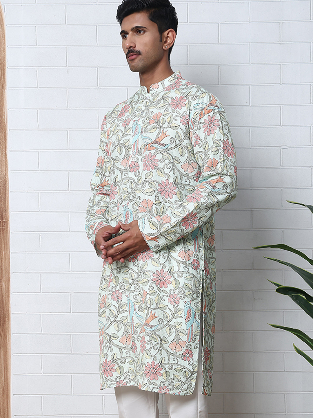 Floral Print Kurtas with Thread Work Embroidery ( ANMKO 284Pista ) [RT] [H-4]