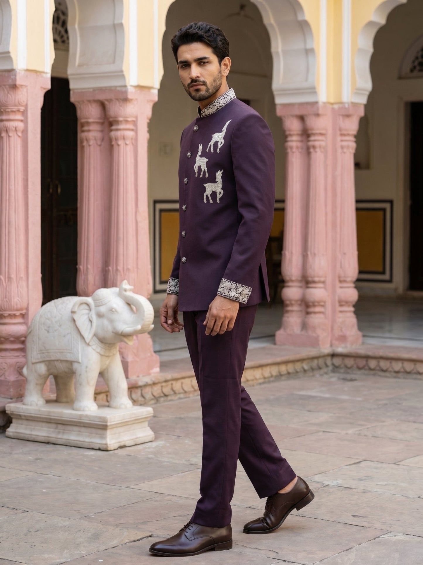 Deer Embroidered Japanese Fabric Indo-Western Set