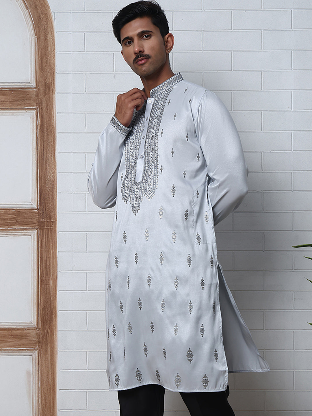 Silk Blend Ethnic Embroidered Kurtas ( ANMKO 296Blue )