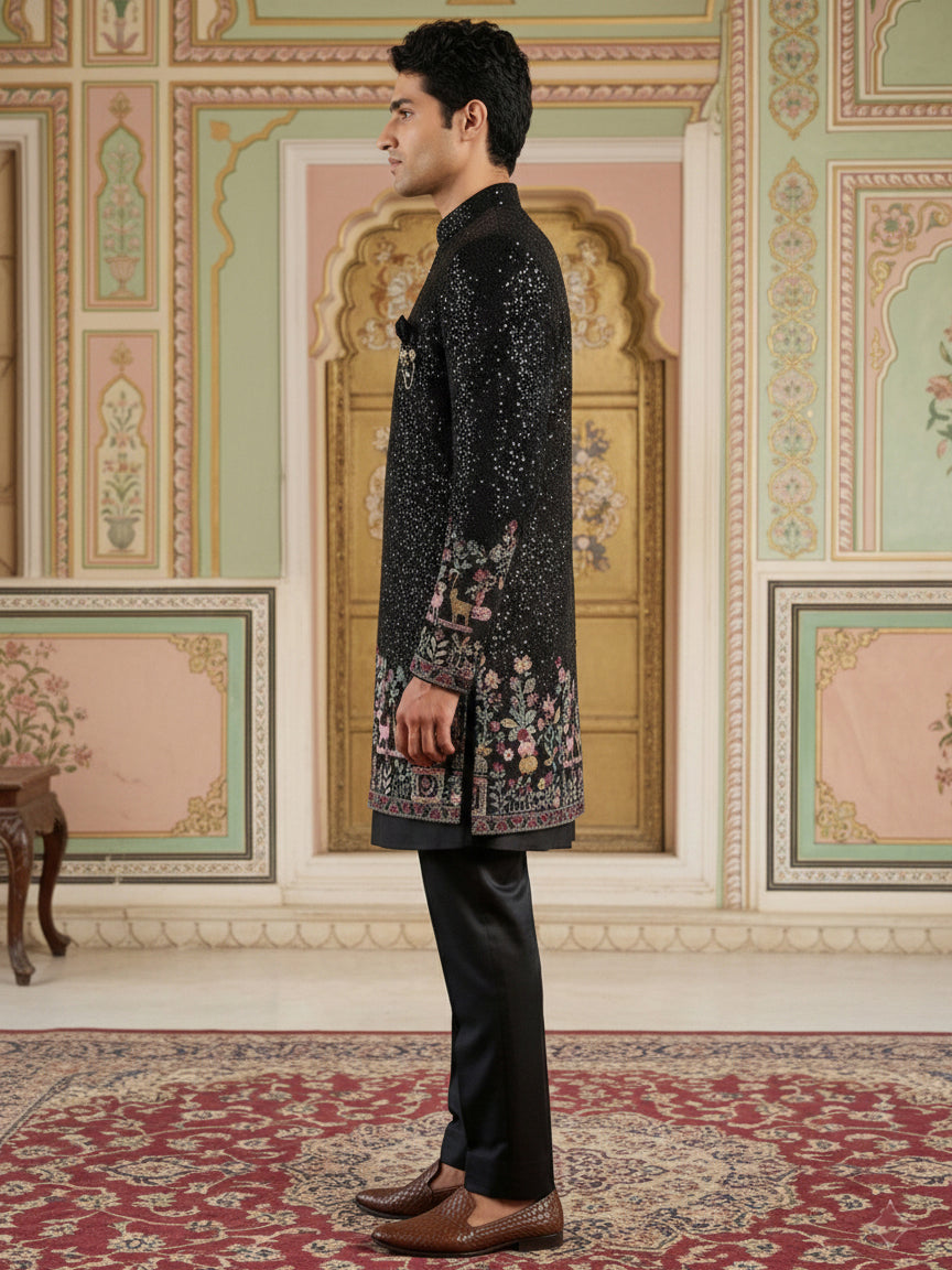 Men’s Black Heavily Embroidered Indo-Western Set ( 50JIND 127Black S )