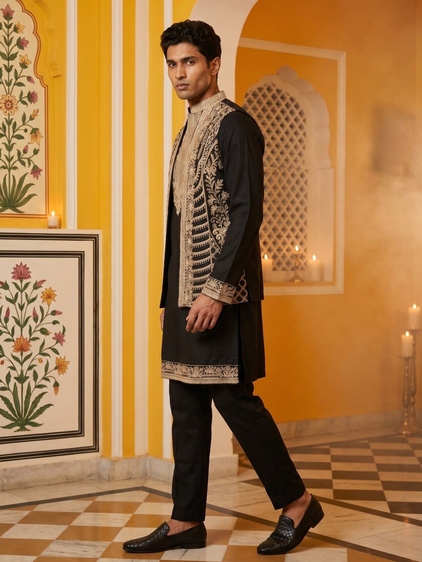 Men's Embroidered Waistcoat and Kurta Pyjama ( JOKPWCS 5054Black )