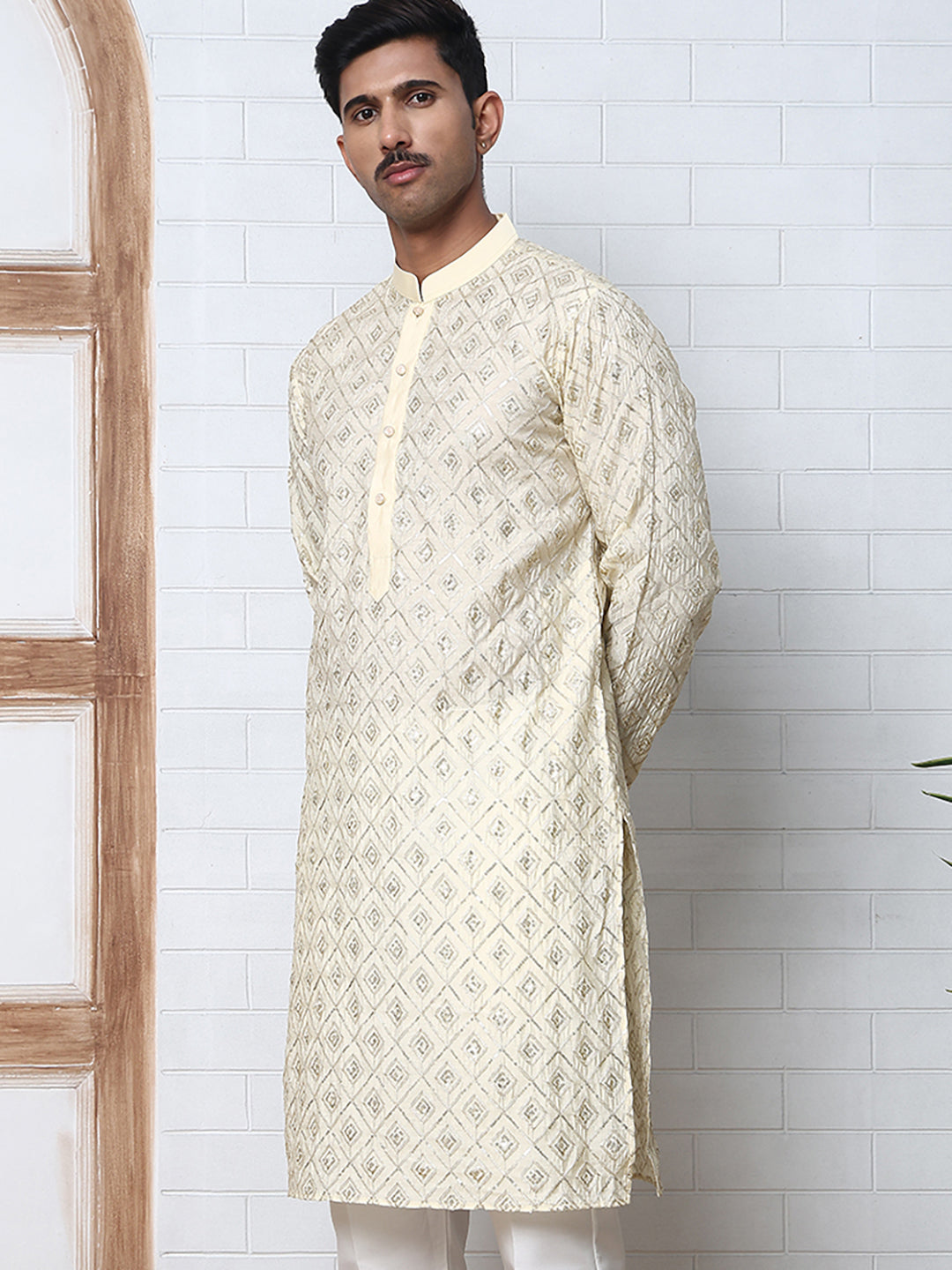 Geometric Sequin Pattern Kurtas ( ANMKO 282Cream )  [RT] [L-4]