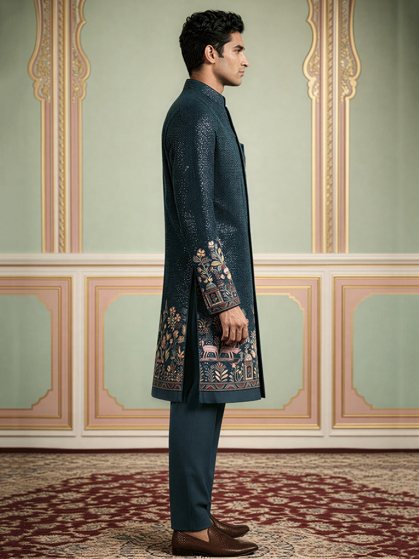 Men’s Peacock Blue Heavily Embroidered Indo-Western Set ( 50JIND 127Peacock S )