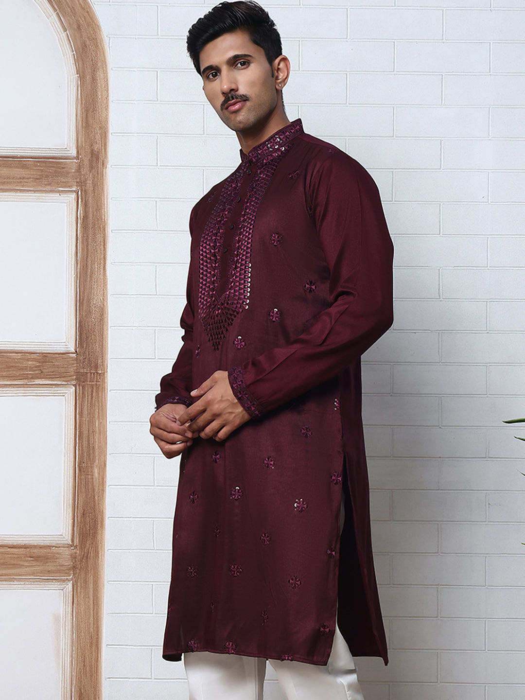 Men Silk Blend Festive Embroidered Kurtas ( ANMKO 286Maroon )  [RT] [M-6]