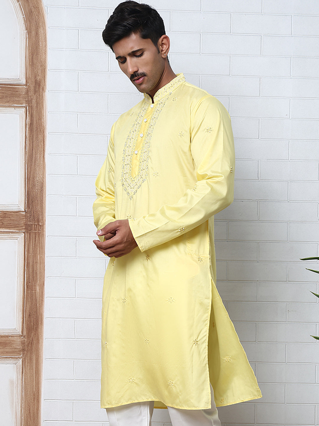 Embroidered Silk-Blend Kurtas ( ANMKO 292Yellow )