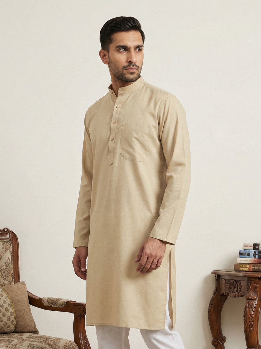 Solid Cotton Kurta for Men ( KO 5144Beige )