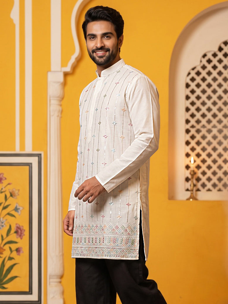 Men's Silk-Blend Embroidered Kurta ( 65KO 5627 White )