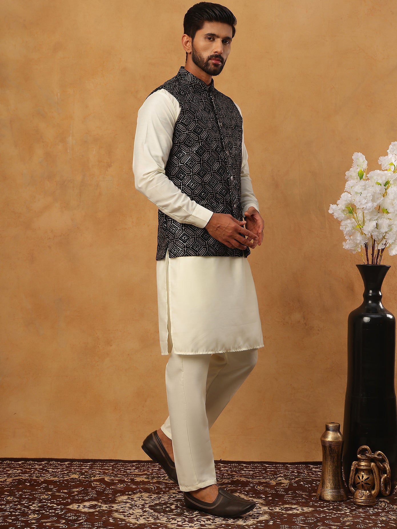 Velvet Embroidered Nehru Jacket Kurta Pyjama Set ( HOPKPWC_592W_7029Black )