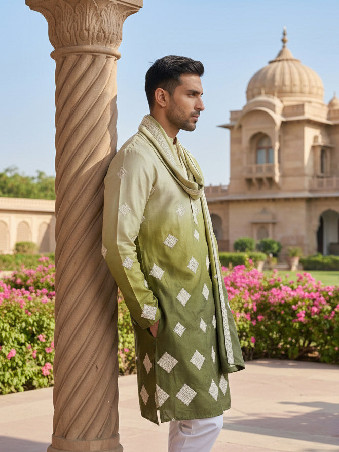Embroidered Silk Blend Kurta with Dupatta ( HOPKO D 023Pista )
