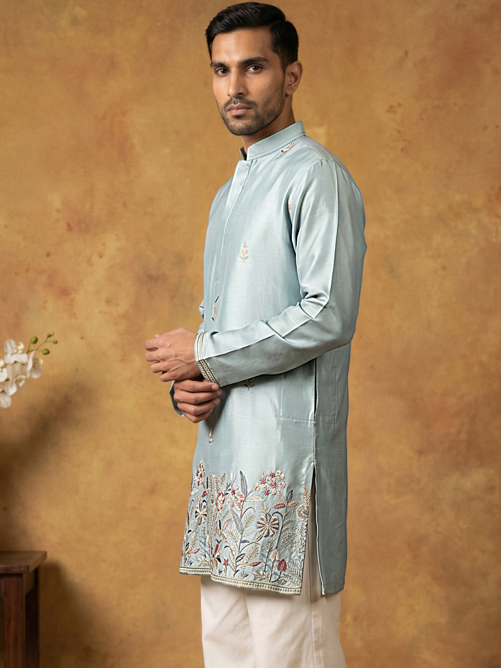 Silk Blend Embroidered Kurta for Men ( 65KO 5602Sky ) [FF] [G-4]