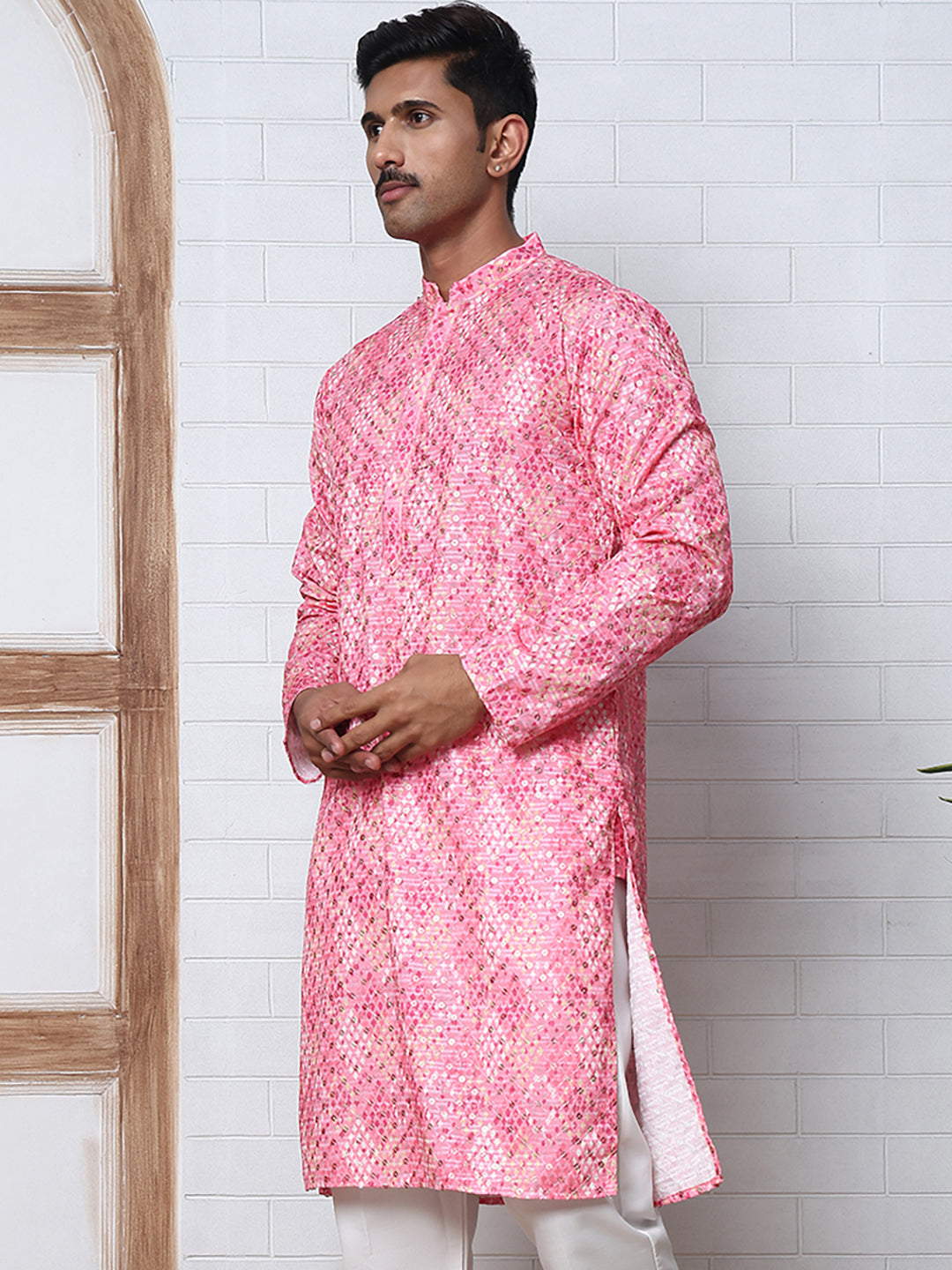 Men's Festive Sequins & Thread Work Kurtas ( ANMKO 288Pink )  [RT] [C-3]