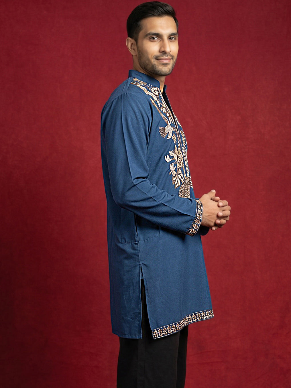 Men's Japanese Fabric Embroidered Kurta ( 65KO 5592Peacock ) [FF] [G-4]