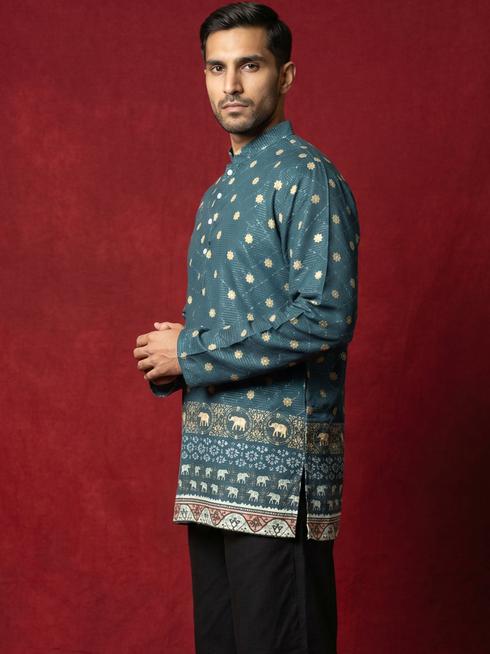 Men's Cotton Blend Printed Kurta ( 65KO 5593Teal ) [FF] [H-9]