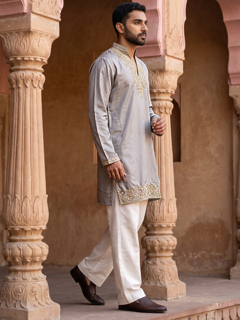 Cotton Blend Embroidered Kurta with Korean Pants ( 65KP PJ11W B 5634 Brown )