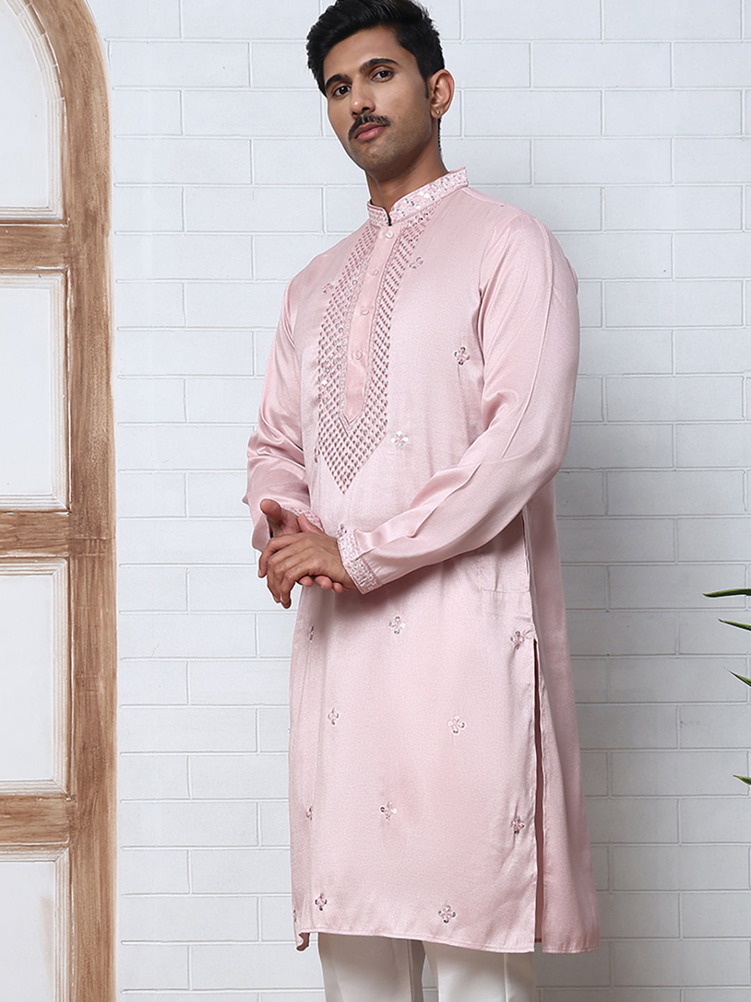 Men Silk Blend Festive Embroidered Kurtas ( ANMKO 286Peach )  [RT] [M-6]