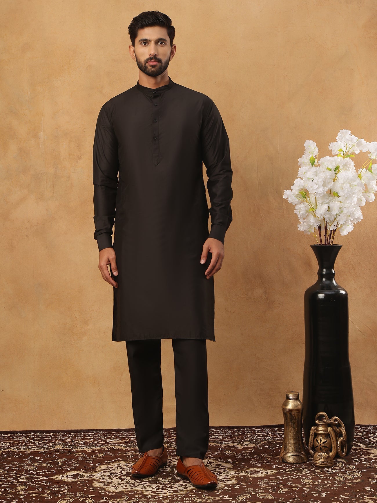 Embroidered Nehru Jacket Set with Solid Kurta Pyjama (65KPWC 592B 4150 Black )